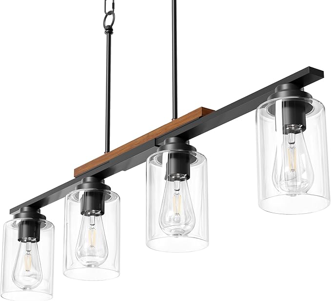 VONLUCE Dining Room Light Fixture Over Table, 4-Light Kitchen Island Lighting with Glass Shade and Adjustable Rods, Farmhouse Linear Chandelier Pendant Light for Kitchen Living Room, Matte Black