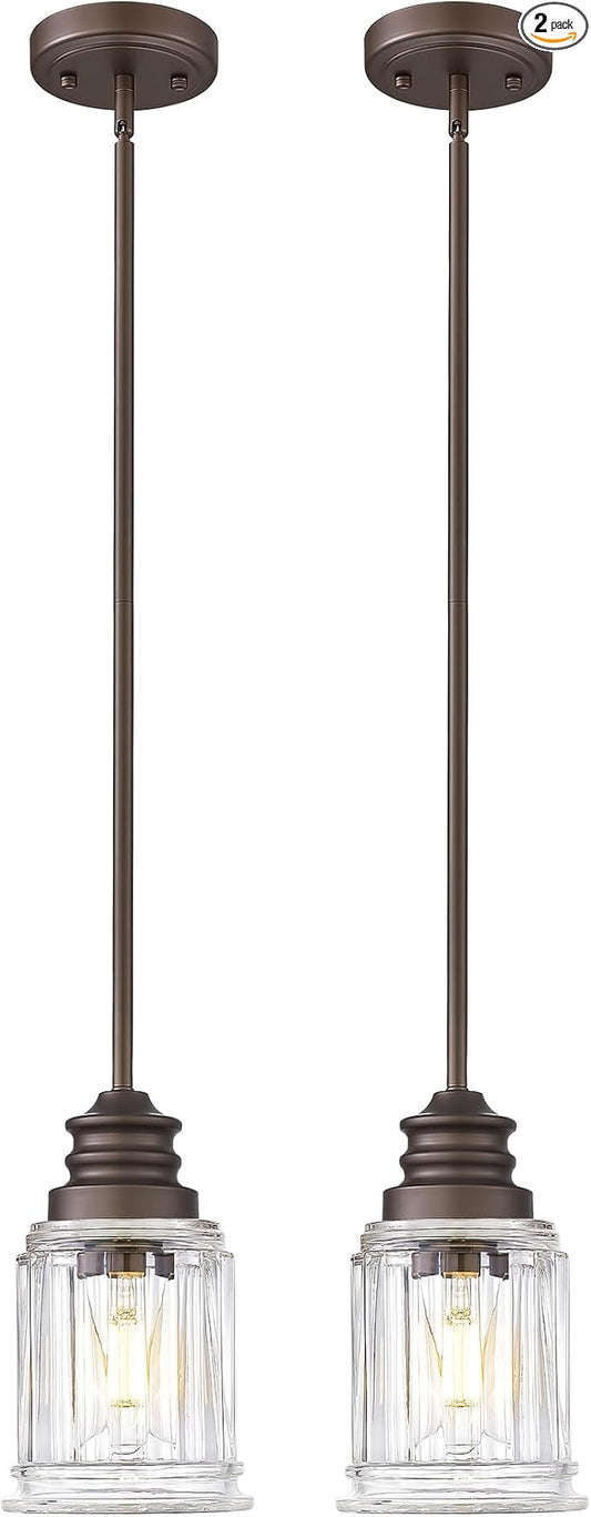 Modern Pendant Light 2Pack, HWH Adjustable Hanging Pendant Lighting in Oil-Rubbed Bronze Finish, Hanging Kitchen Lights with Bell-Shaped Fluted Clear Glass, 5HZG106MIL-2L ORB