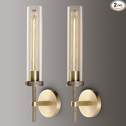 Brass Knurled Wall Sconce 20", Bathroom Wall Sconce Set of Two,Glass Tube Brass Sconces Wall Lighting,Bathroom Sconces Side of Mirror,Vanity Sconce Lights for Bath,Including E26 Light Bulbs