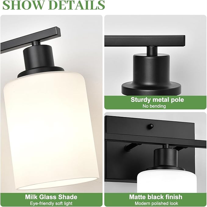 MOKATNG 3-Light Bathroom Light Fixtures, Vanity Light with Milky White Shades, Matte Black Bathroom Light Fixtures Over Mirror, Modern Bathroom Wall Lamp for Mirror Living Room Cabinet Bedroom