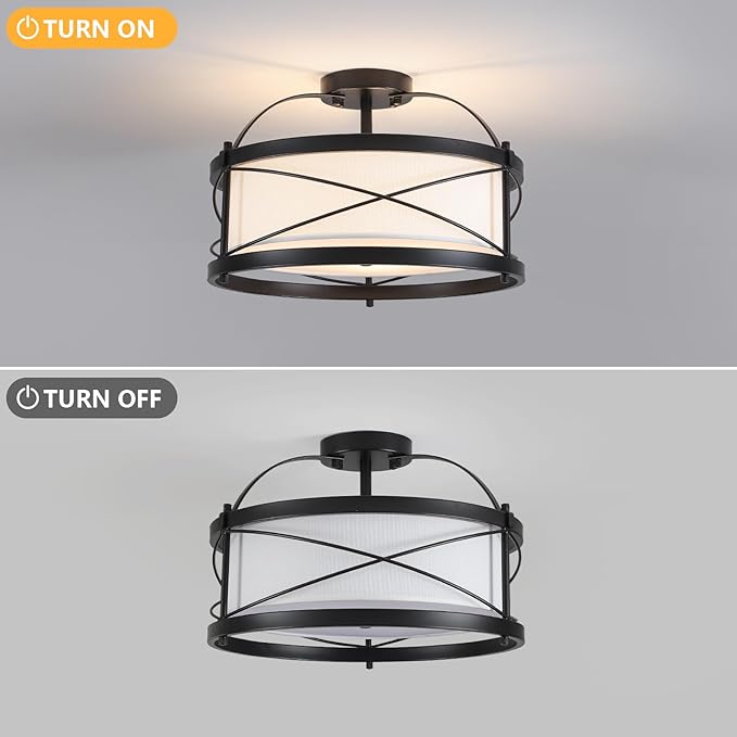 Modern Flush Mount Ceiling Light, 3-Light Black Metal White Fabric Shade Close to Ceiling Light Fixture for Kitchen Dining Room Bedroom Living Room Foyer E26 Base (Not Included Bulb)