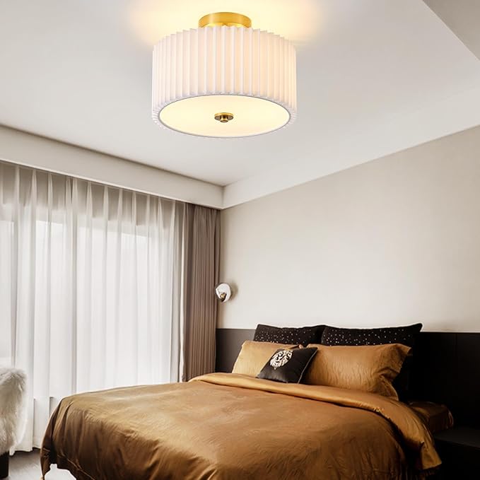 Semi Flush Mount Ceiling Light,12.6"Modern Close to Ceiling Light Fixture With White Fabric Shade,Light Fixtures Ceiling Mount Bedroom Ceiling Light for Bedroom Foyer Kitchen Living Room(Gold)