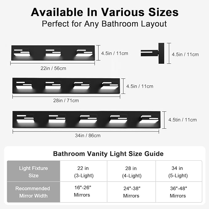 LED Modern Bathroom Vanity Light Fixtures, 3-Light 22-inch Dimmable Matte Black Vanity Lights for Bathroom Lighting Fixtures Over Mirror, with 360° Rotatable Acrylic Heads (Cool White 6000K)