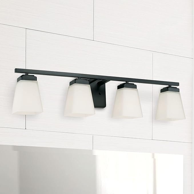 HomePlace Lighting 114441MB-334 Baxley Modern Soft White Glass Bathroom Vanity Wall Light, 4-Light 400 Total Watts, 7" H x 31" W, Matte Black