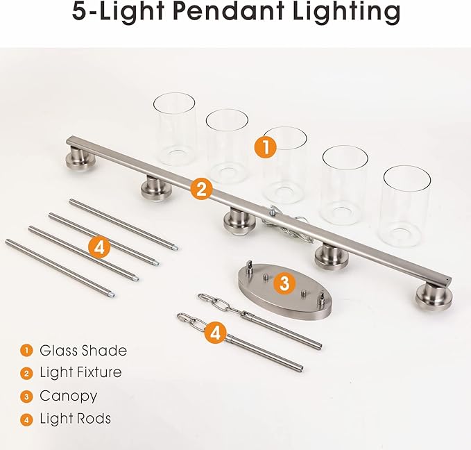 Kitchen Island Pendant Lighting, 5-Light Farmhouse Dining Room Light Fixture Over Table, Brushed Nickel Finish with Clear Glass Shade, Rustic Industrial Linear Chandelier for Kitchen Island
