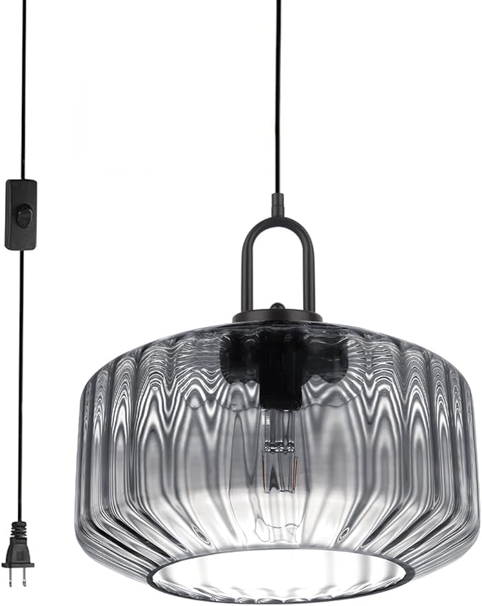 Plug in Hanging Light Gray Glass Pendant Light Fixtures with in Cord Mid Century Modern Chandelier Striped Glass Shade Farmhouse Plug in Hanging Lamp for Living Room Entryway Pantry