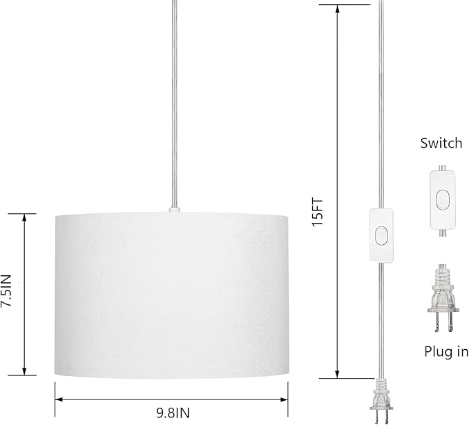 ZSLAIFU 15FT Plug in Pendant Light with Switch,Hanging Lamp with Plug in Cord, Hanging Light Pendant Lamp with Remote Control，Pendant Light Fixture for Living Room Bedroom Farmhouse (White x2)