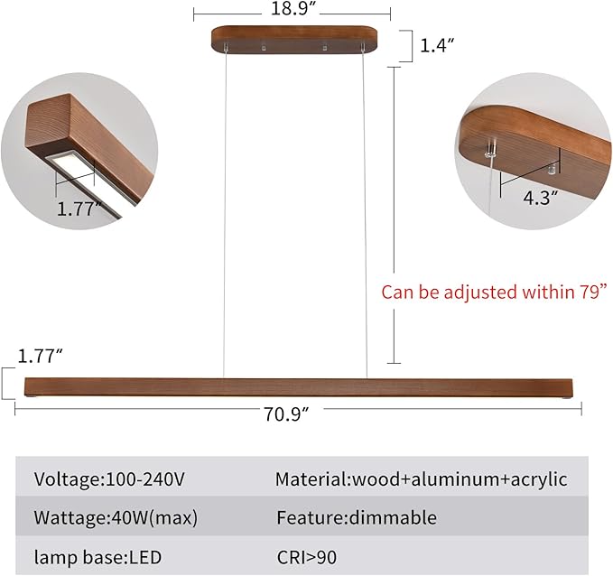 YISDESIGN 71" Wood Linear Pendant Light Modern LED Dimmable Ceiling Hanging Light Fixtures Wood Linear Chandeliers 40w for Dining Room Kitchen Island Pool Table Bar Walnut Color