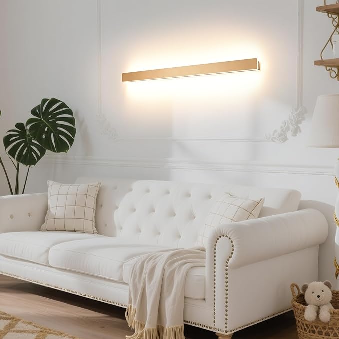 KELUOLY Modern Plug in Wall Lights, 31.4 inch Frosted Gold LED Long Wall Sconce, 16W Warm White 3000K Acrylic Indoor Wall lamp,with 59" Plug Cable for Bedroom, Living Room, Hallway