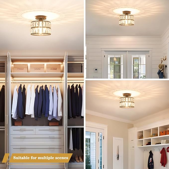 Crystal Ceiling Light Fixture, Modern Matte Black Crystal Chandelier, Small Semi Flush Mount Ceiling Lighting, Round Hallway Lighting for Kitchen Entryway Bedroom Bathroom, 1-Light, 9 Inch