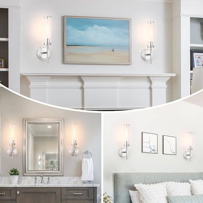 Wall Sconces Set of 2, Brushed Nickel Sconces Wall Lighting, Modern Bathroom Vanity Light Fixtures with Clear Glass, Bathroom Sconces Wall Mount Lights for Living Room Bedroom Hallway, Hardwired