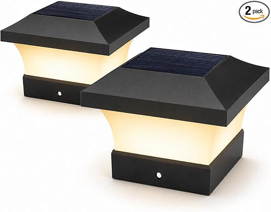 T-SUN 4X4 Solar Post Cap Lights, 2 Pack Warm White LED Fence Post Solar Lights, Outdoor Waterproof Post Lights for Wood & Vinyl Fence Posts, Deck, Patio Railing, Porch, Black