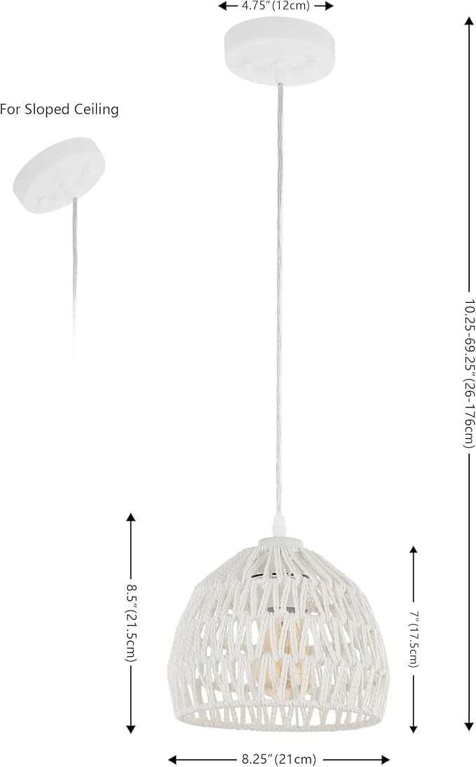 JONATHAN Y 8.25" White Modern Bohemian Woven Rope LED Pendant Light Fixture, Adjustable Dome Ceiling Lamp for Kitchen Island, Rope Shade, Coastal Farmhouse Decor (JYL6512A)