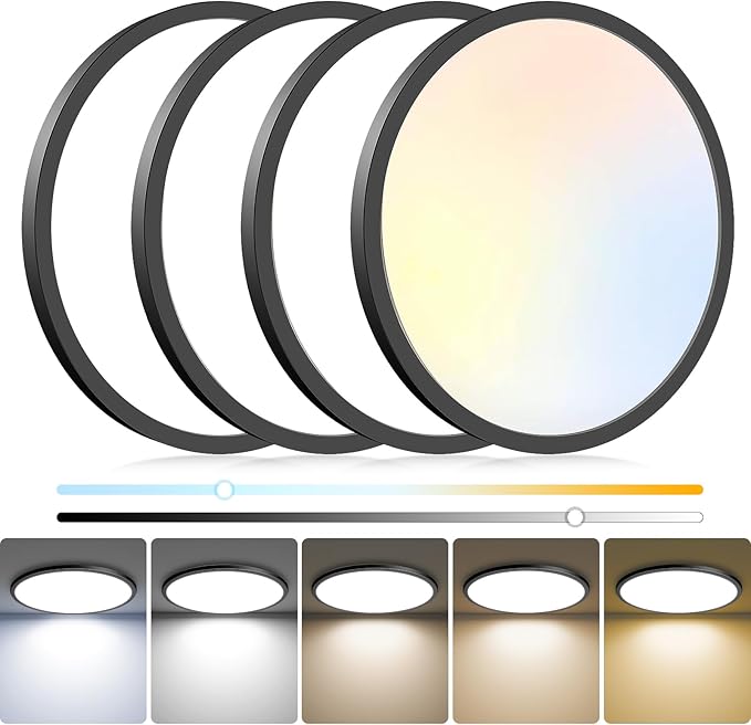 4Pack LED Flush Mount Ceiling Light Fixture, 12Inch 24W, Dimmable&3000K/3500K/4000K/5000K/6500K Adjustable Low Profile Ceiling Lights, 3200LM Modern Lamp for Bedroom, Porch, Kitchen, Hallway, Black