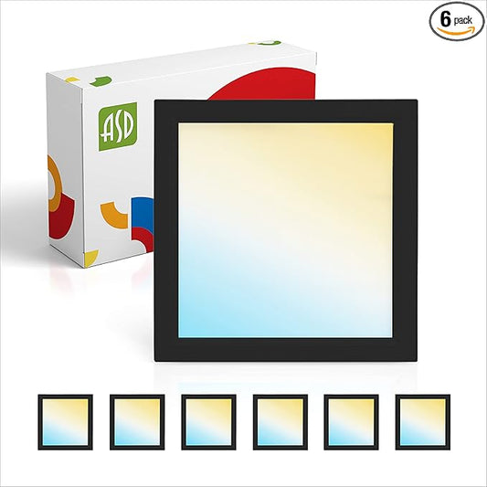 ASD LED 5" Square Flush Mount Light | 10W 740LM 3000-5000K 120V | 3CCT, Dimmable, Ultra Slim, ETL Listed | Thin Surface Lamp, Bedroom Ceiling Lighting | Black, 6 Pack