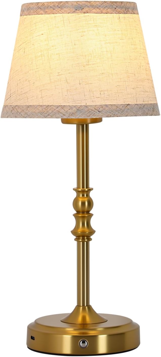 Small Gold Rechargeable Table Lamp,12-14 Inch Tall Vintage Style,Battery Powered Cordless Desk Lamp,Mini Touch Control Bedside Lamp,Warm Light 3000K for Nightstand Bedroom Counter Living Room-1 Pack
