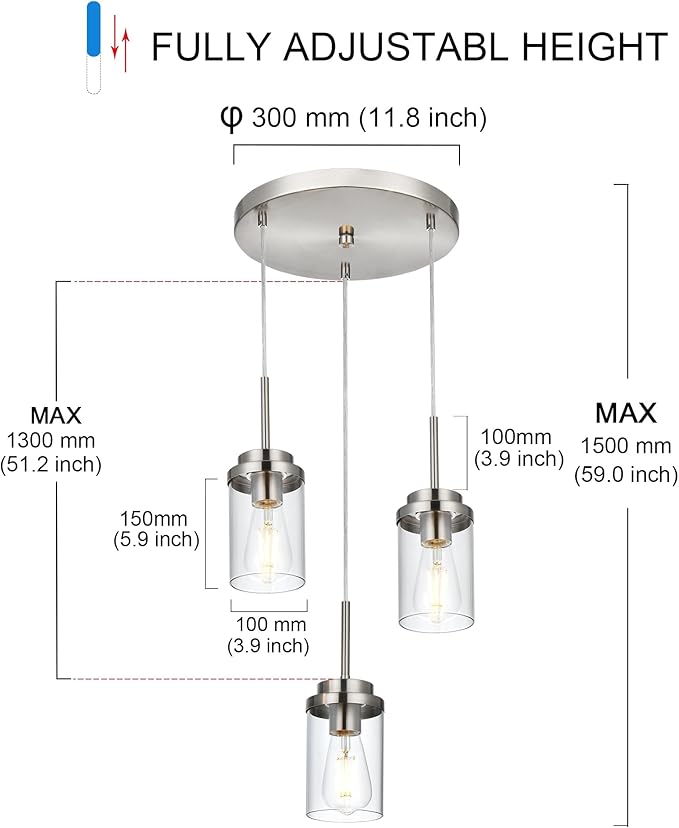 MELUCEE 3-Light Hanging Chandelier Light for Dining Room in Brushed Nickel, Modern Kitchen Island Pendant Lighting Adjustable Hanging Ceiling Lamp with Clear Glass Shade