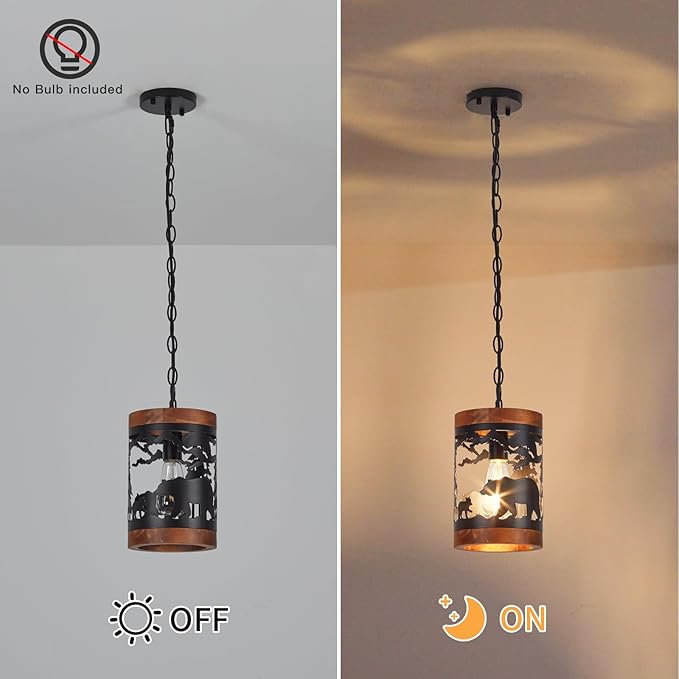 Rustic Bear Pendant Light, 1-Light Farmhouse Wood and Metal Cage Chandelier, Adjustable Hanging Ceiling Fixture for Kitchen Island, Hallway, Bar, Dining Room, Foyer, or Bedroom, (No Bulb Included)