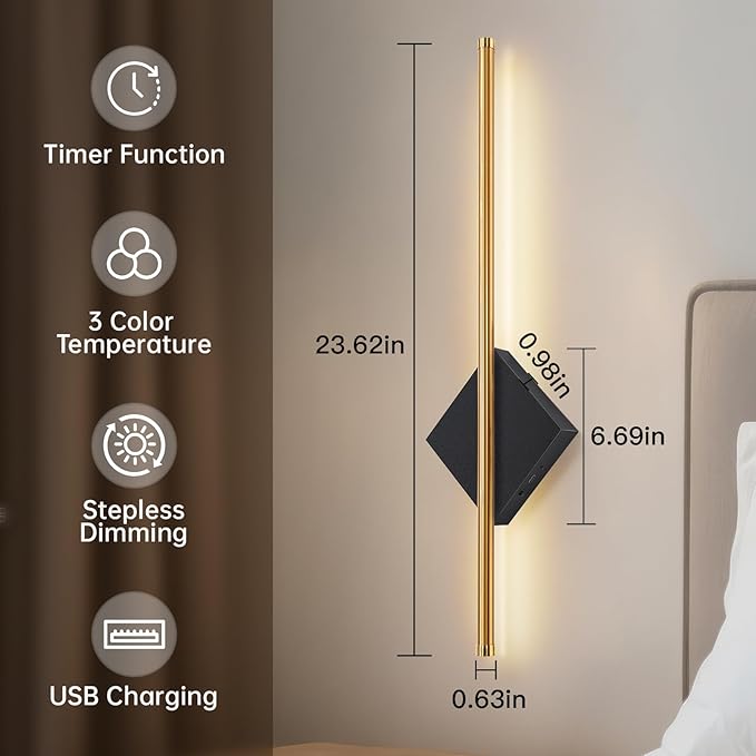 Battery Operated Wall Sconces Set of Two, Modern Sconces Wireless Cordless Rechargeable Light with Remote, Gold and Black Wall Lamp Dimmable Home Decor for Bedroom Living Room Hallway Timing 23.6 Inch