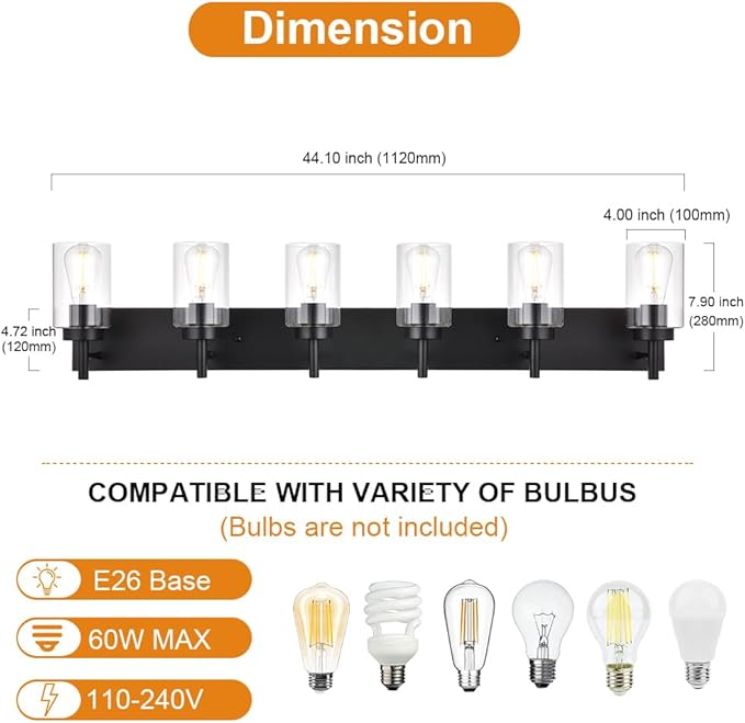 VINLUZ 6-Light Bathroom Vanity Light Fixture Black Modern Wall Lighting with Clear Glass Shade Industrial Sconces Wall Mounted Lamp for Kitchen Dining Room (Patent No.: US D958,438 S)