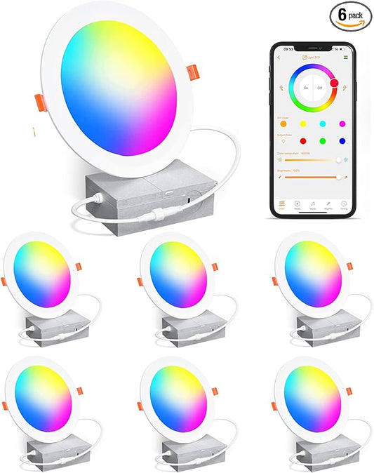 Smart Recessed Lighting 4 Inch RGBCW Color Changing 12W LED Recessed Ceiling Lights with Junction Box,1080LM Canless Downlight Compatible with Alexa,Dimmable by Bluetooth Control (6 Pack)
