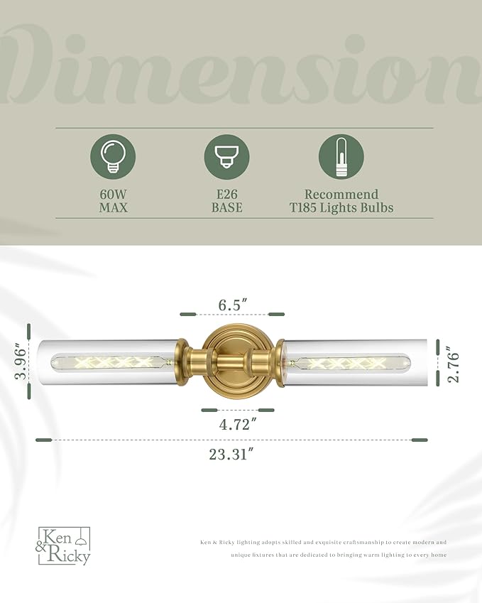 Ken & Ricky 24" Modern Bathroom Sconces Wall Lighting,Brushed Gold Wall Sconce Vanity Lights with Clear Glass for Bathroom Living Room Bedroom KR3376-W-BG-1PK