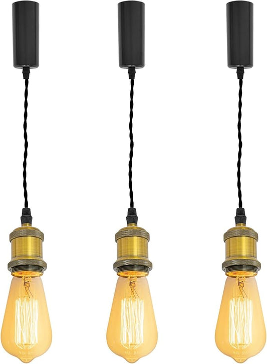 Kiven H-Type Track Light Pendants, 59 Inch Cord Length Black Weave Rope Adjustable Length, Restaurant Chandelier Decorative Pendant Light Industrial Pendant Lamp 3 Pack,Bulb Not Included（Gold）