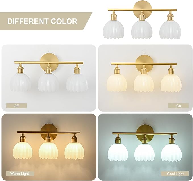 Gold Bathroom Light Fixtures Over Mirror, 3 Light Bathroom Vanity Light Fixture with Tulip Milk White Glass Lampshade, Vintage Vanity Lights for Bathroom, Bathroom Vanity Lights Over Mirror