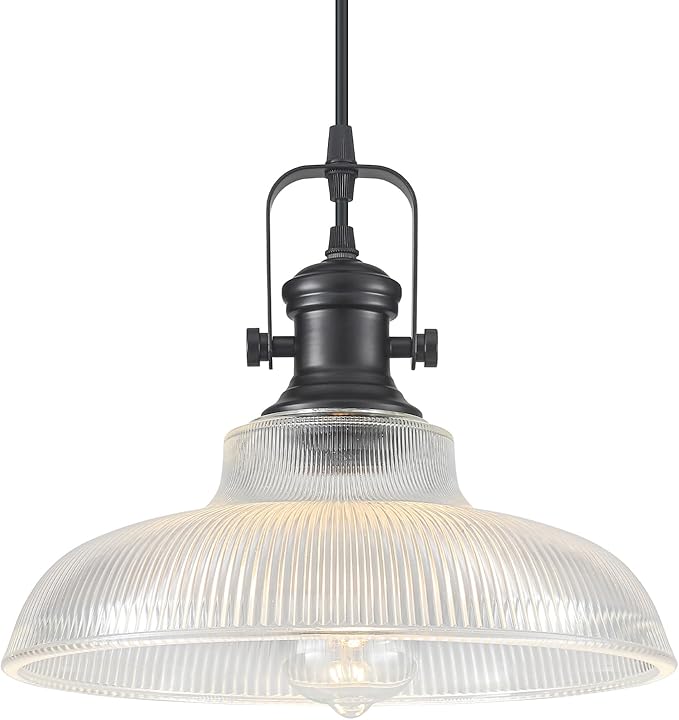 Black Glass Pendant Lights Kitchen Island, 12in, Ribbed Glass Kitchen Pendant Lights Fixture, Farmhouse Pendant Lighting for Dining Room Bedroom Bar Sink, 1 Pack