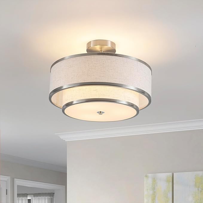 Semi Flush Mount Ceiling Light, 3-Light Double Drum Ceiling Light Fixture with Fabric Shade, Farmhouse Chandelier Dining Room Light Fixture for Bedroom, Kitchen, Hallway (Brushed Nickel)