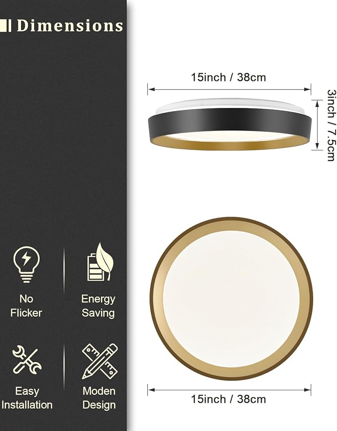 ANYLOVE 10 Inch Modern Flush Mount Ceiling Lights,White Gold Plastic Round Ceiling Light,Dimmable 3000K,3500K,4000K,5000K,6000K,for Living Room,Dining Room,Bedroom,Kitchen (Black and Gold, 15 Inch)