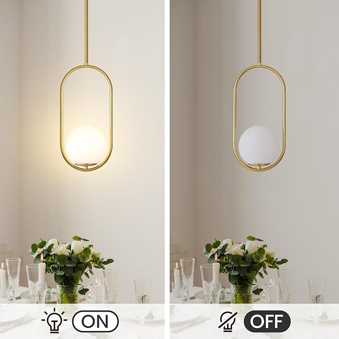 Yunnix Pendant Lights Kitchen Island, Pendant Light Fixtures, 2 Pack Modern Gold Globe Glass Pendant Lighting, Brass Mid Century Chandelier One Light for Bathroom Bedroom Dining Room