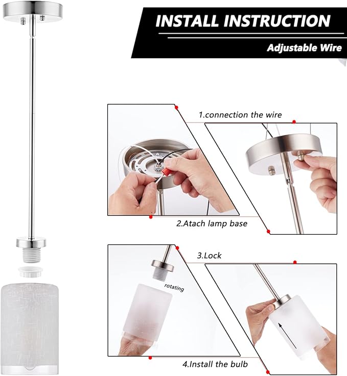 2 Pack Pendant Light Fixtures, Indoor Brushed Nickel Kitchen Island Hanging Lights Adjustable Vintage Lamp, Mini Pendant Lights with Linen Glass Shade for Living Room Bedroom Hallway