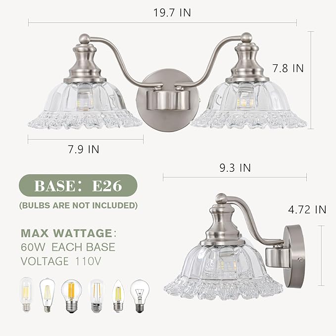 Brushed Nickel Bathroom Light Fixtures Over Mirror, 2 Light Vintage Bathroom Vanity Light Fixture with Clear Flower Glass Shades, Retro Vanity Lights for Bathroom, Bathroom Vanity Lights Over Mirror