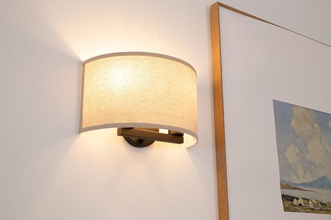 Yosoan 2-Light Linen Fabric Boho Hallway Wall Sconce Indoor Light Fixture, Dual Vintage Industrial Hardwired Half Moon Wall Lighting Semicircle Textile Shade for Bedroom Living Room Corridor Study