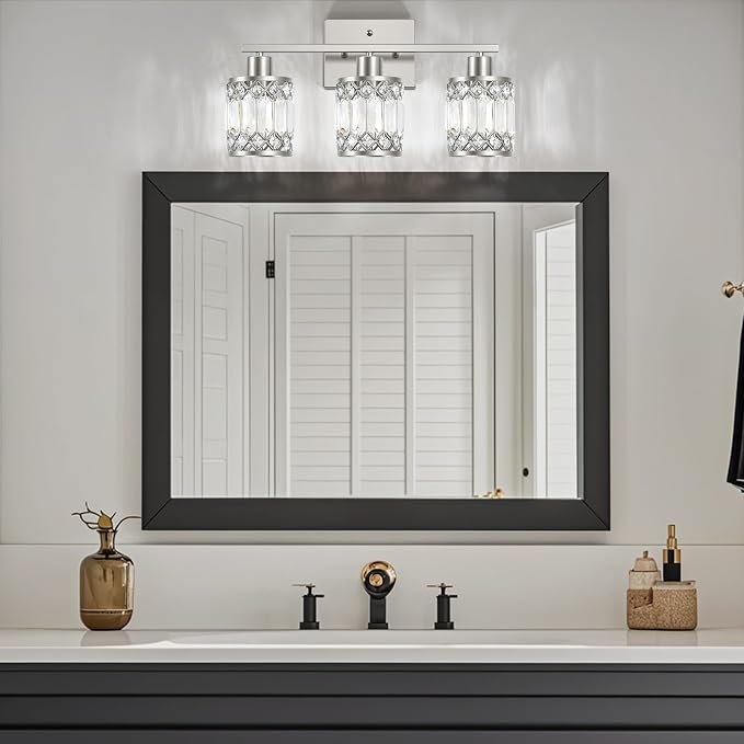 Crystal Modern Bathroom Light Fixtures, 3-Light Brushed Nickel Bathroom Vanity Wall Light, Vanity Lights for Mirror, Restroom, Bedroom (E26 Socket, Bulbs Not Included)