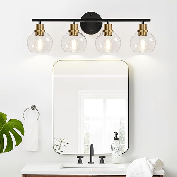 Indoi 4-Light Bathroom Light Fixtures, Black and Gold Bathroom Lights Over Mirror with Clear Glass Globe Shade, Vanity Lights for Bathroom Kitchen Living Room Hallway Cabinet Bedroom Porch