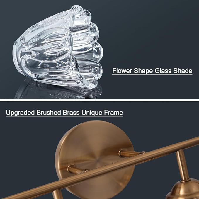Daunton Vintage Bathroom Vanity Light, Brown Bronze Vanity Lighting, 4-Light Bathroom Lighting Fixtures Over Mirror, Elegant Flower Glass Light with Clear Shade, Gold Wall Sconce Lighting for Bedroom