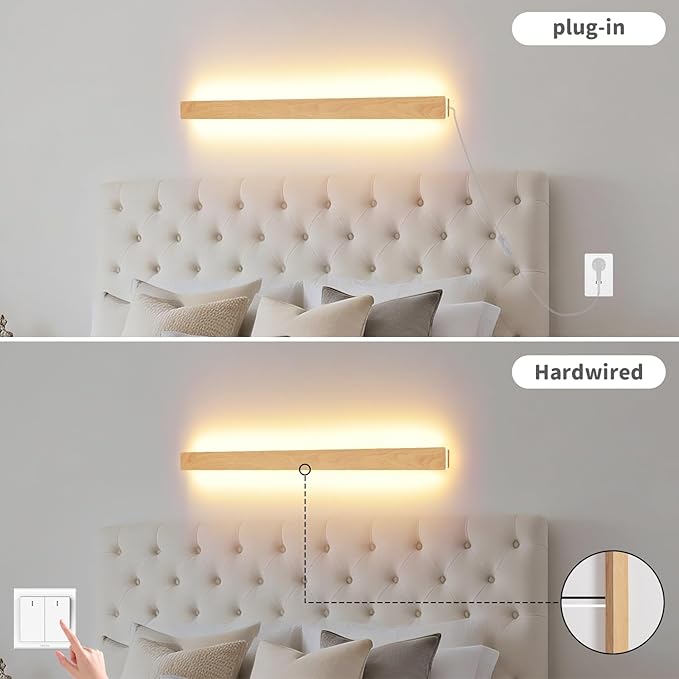 Modern Plug in Long Wall Sconce, 31.4 inch Faux Wood Texture Finish LED Wall Lights, 16W Warm White 3000K Acrylic Indoor Wall lamp, with 59" Plug Cable for Bedroom, Living Room, Hallway