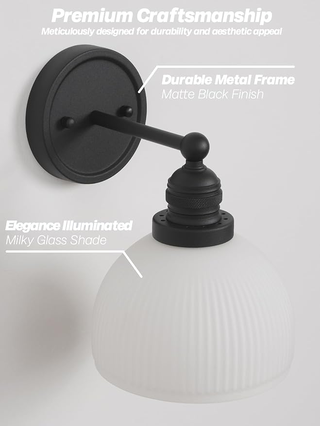 Black Wall Sconce Vintage Bathroom Sconce Light with Frosted Milk Glass Farmhouse Bathroom Vanity Light for Living Room Bedroom Hallway Stairway E26 Hardwire Indoor