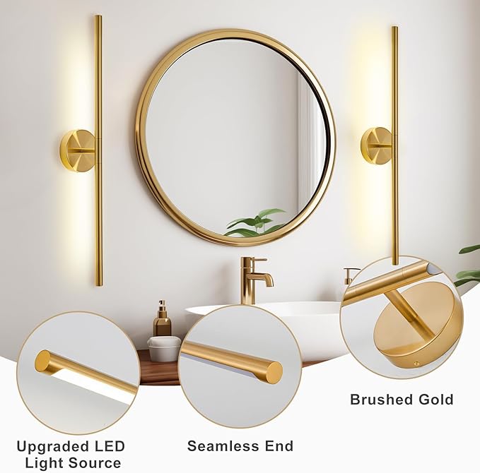Gold Bathroom Light Fixtures Over Mirror 36 Inch, 26W 360° Rotatable Dimmable 4000K Led Vanity Light Bar, Brushed Gold Bathroom Vanity Lights Above Mirror