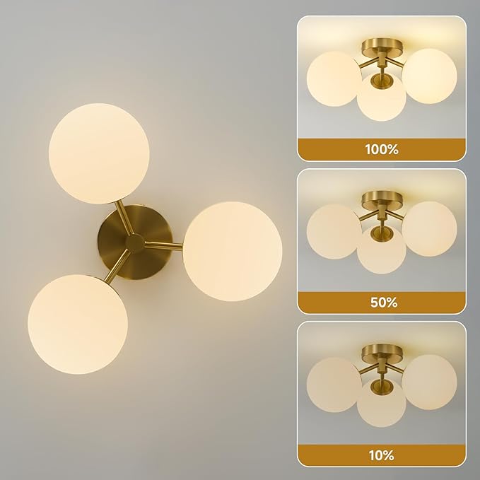 Gold Globe Semi Flush Mount Ceiling Light Mid Century Modern Milk Glass Ceiling Light Fixture Linear Sputnik Matte Chandelier for Bedroom Living Room Entryway Dining Room Hallway
