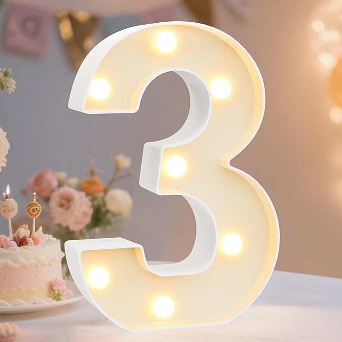 Pooqla Decorative LED Light Up Number Letters, White Plastic Marquee Lights Sign Party Wedding Decor, Battery Operated (3)