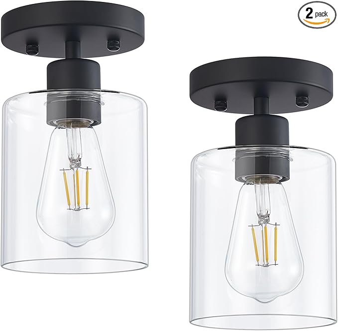 1 Light Semi Flush Mount Ceiling Light Black Kitchen Lighting Fixtures Ceiling Light Fixtures Small Hallway Lights with Clear Glass Shade for Bedroom Set of 2