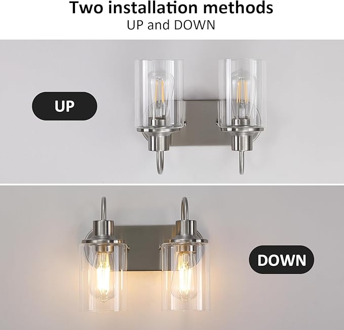 Brushed Nickel Bathroom Light Fixtures Over Mirror,2-Light Bathroom Vanity Light with Clear Glass Shade,Modern Farmhouse Wall Sconces Lighting for Kitchen Living Room Bedroom Cabinet