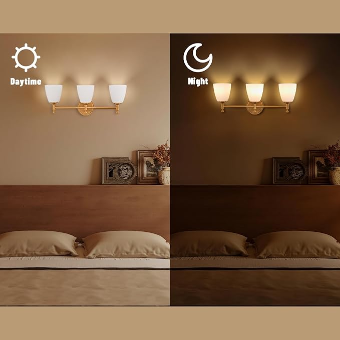 Vintage Bathroom Vanity Light Fixture, 3-Light Bathroom Lighting Fixtures Over Mirror, Antique Brass Finish with Frosted Milk Glass Shade, Wall Sconces Lighting for Bedroom, Living Room, Hallway, Sink