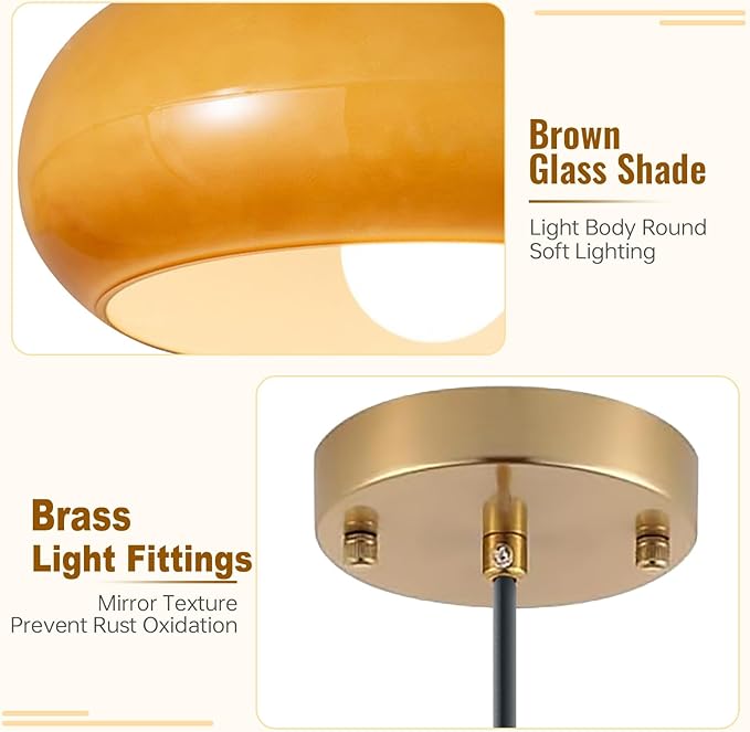 Orange Pendant Light - Glass Hanging Lamp Gold Brass 1-Light Kitchen Island Pendant Lights Fixture Mid Century Modern Ceiling Hanging Lighting with 11 ″ Dome Shade for Dining Room