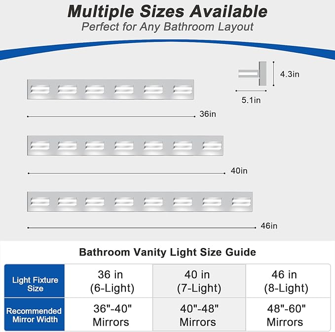 IZORRO LED Modern Bathroom Lights Fixtures(7-Light,Dimmable,360°Rotate),Chrome Acrylic Wall Lighting,Vanity Lights for Bathroom Over Mirror - 6000k 40In （No Assembly Required）