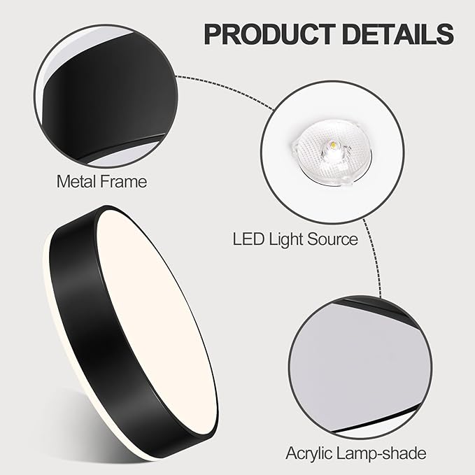 Vikaey Black LED Ceiling Light Modern Flush Mount Light Fixture Round Metal Non Dimmable Ceiling Lamp for Living Room Entryway Bedroom Kitchen 15.74 Inch