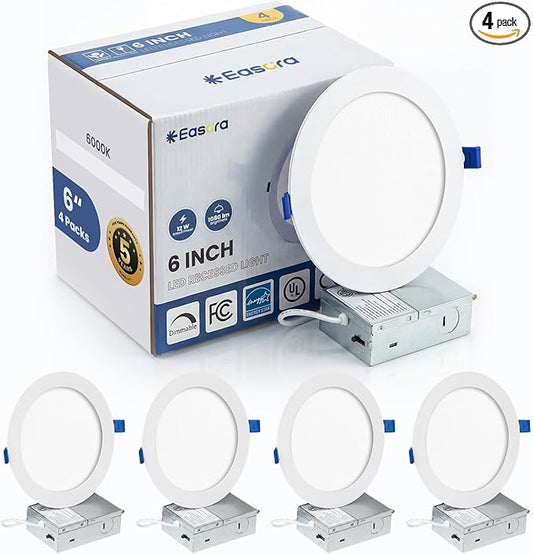 Recessed Lighting 6 Inch 4Packs, 6000K Anti-Glare LED Can Lights, 12W 1080LM High Brightness Dimmable Recessed Lights, Easy-to-Install Wafer Light with Junction Box, ETL & FCC & IC